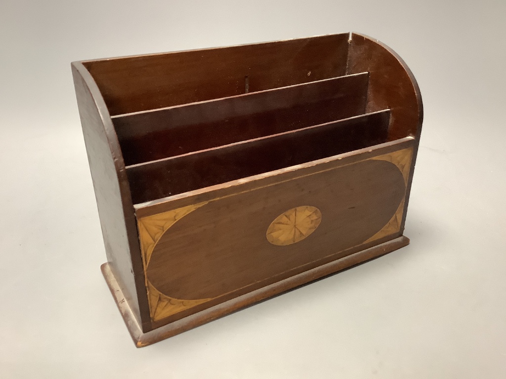 A brass corinthian table lamp and an Edwardian inlaid mahogany letter rack